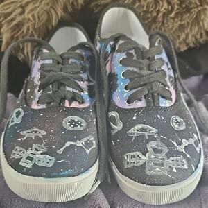 Hand-Painted Time and Tru Black Galaxy Sneakers with Purple/Blue Accents 8 1/2